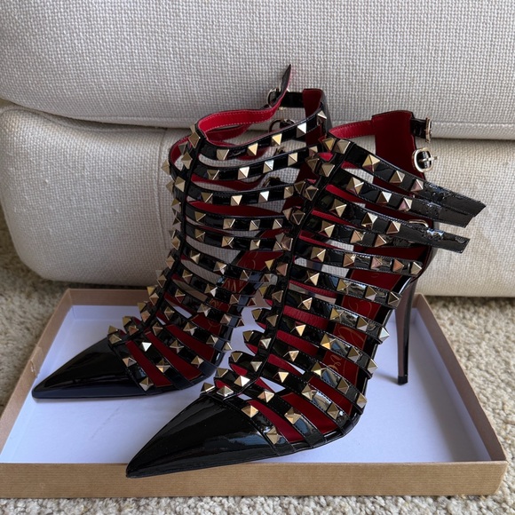 Valentino Garavani Shoes - Valentino Garavani Black Patent and Red Studded Cage Stilettos